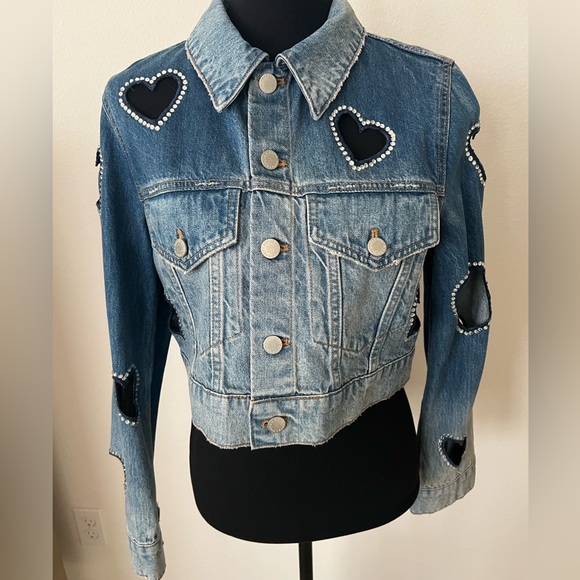 Alice + Olivia Blue Heart Cut-Out Embellished Jeff Denim Jacket NWOT - Picture 3 of 11